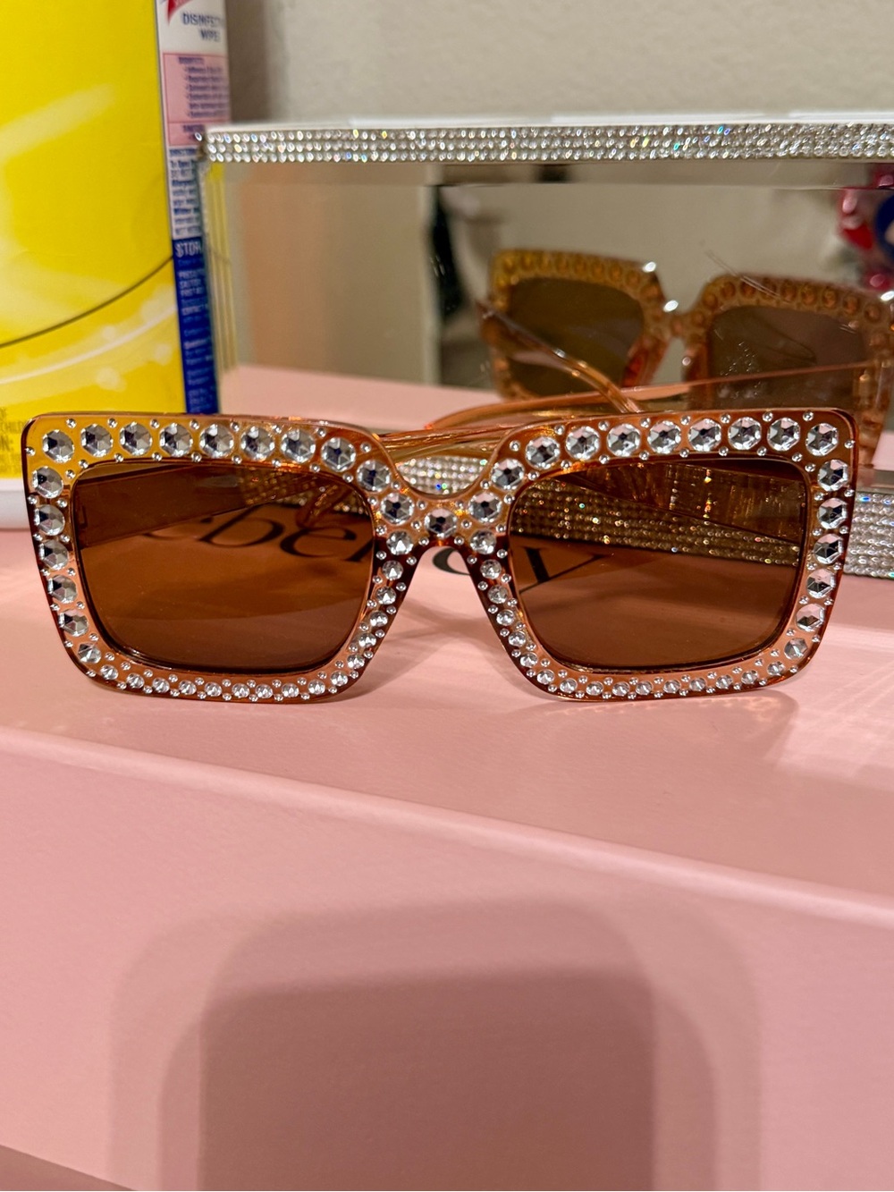 Crystal-Embellished Brown Square Sunglasses
